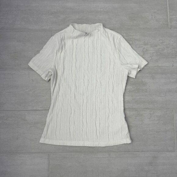 Merokeety Mock Funnel Neck Blouse Creme Textured Short Sleeves Elegant Slim Soft - Picture 1 of 7